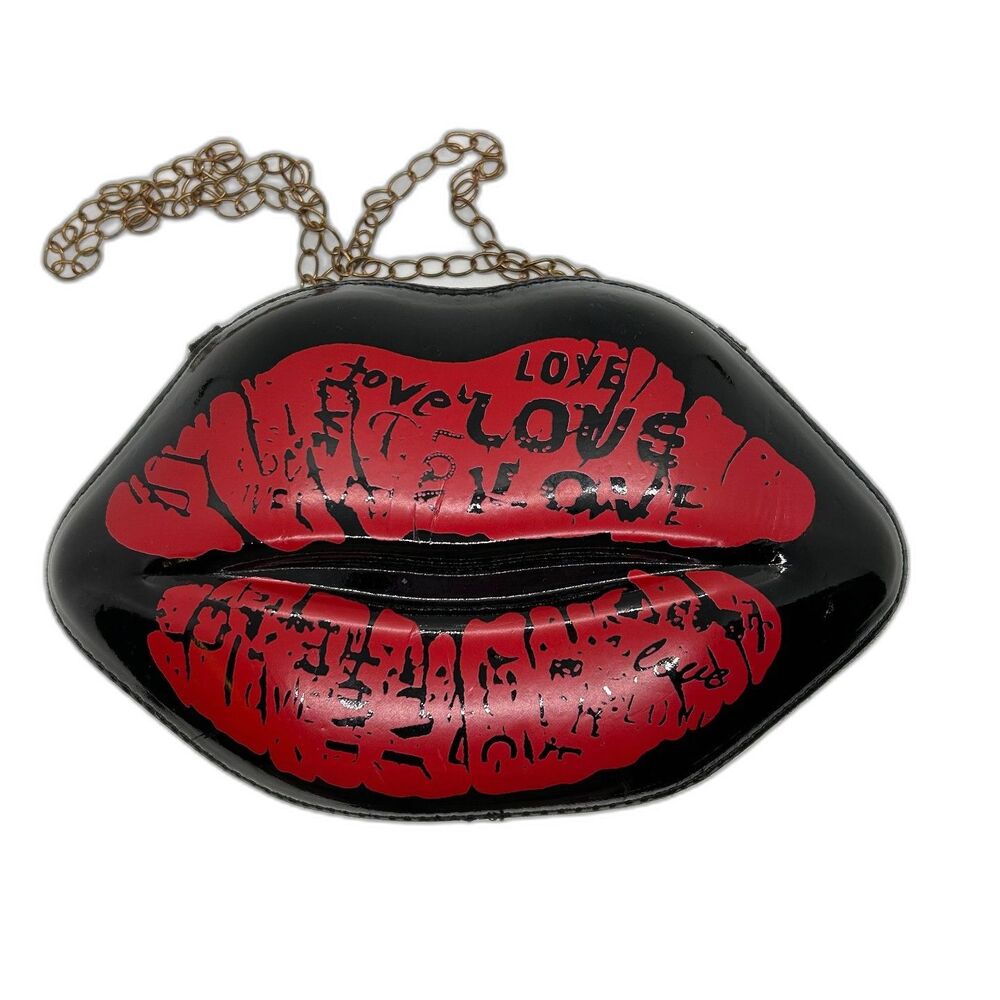 VTG Black Red "Love" Lip Shaped 3D Clutch Crossbody Shoulder Bag